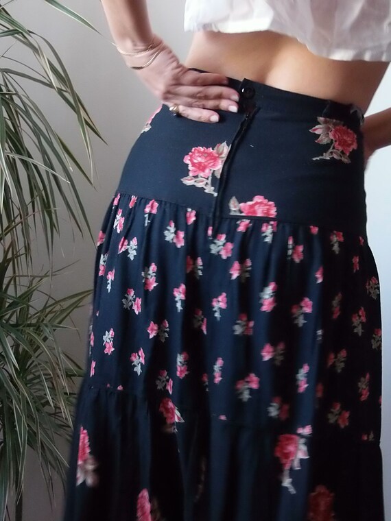 Vintage Betty Barclay Maxi Skirt / 70's Black Floral Print