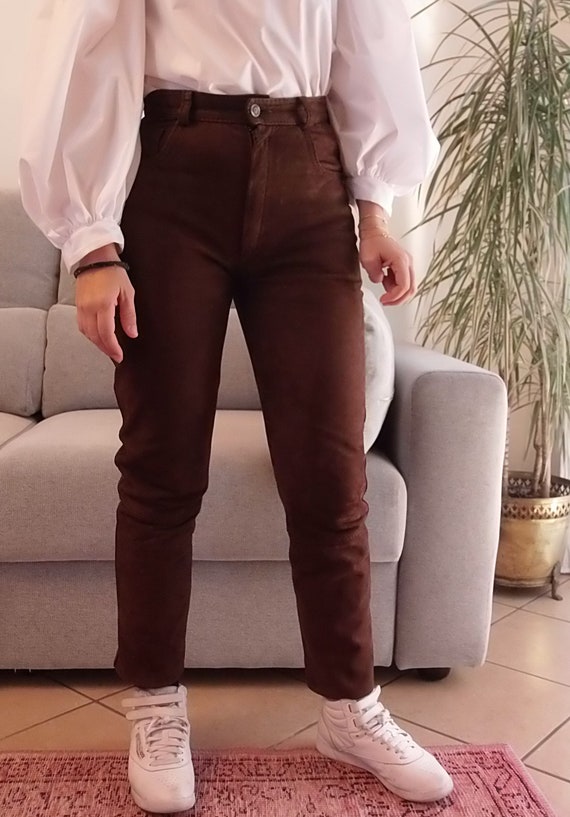 Vintage 100% Leather Brown Pants / 90's High Rise Chocolate Brown Suede  Trousers 