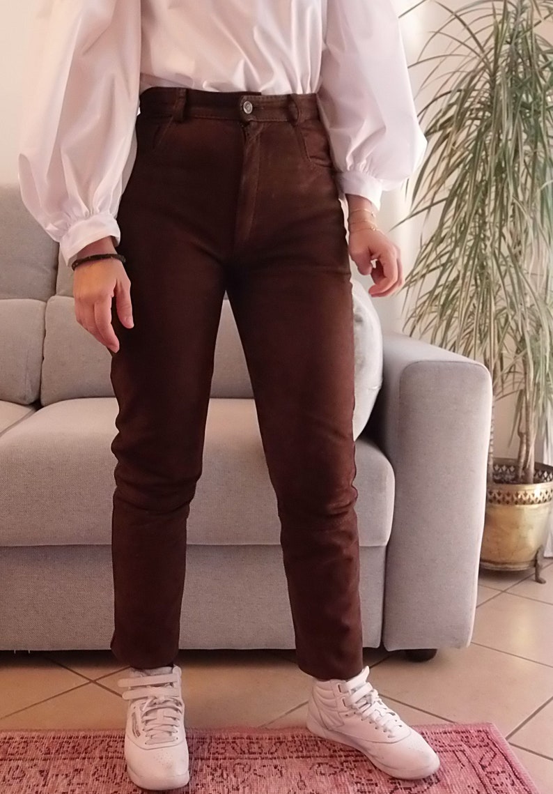 Vintage 100% leather brown pants / 90's high rise chocolate brown suede trousers image 1