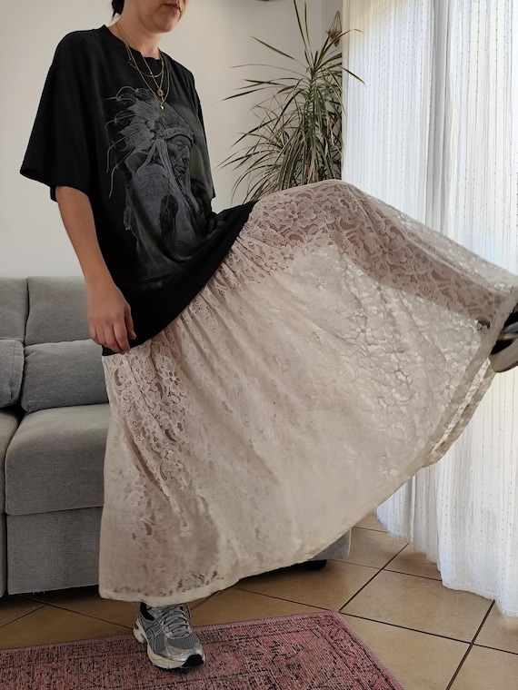 Upcycled T-Shirt Dress with Vintage Indian Lace Skirt (Size M / L)