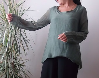 100% silk olive green shirt / silk see through blouse Made in Italy size M