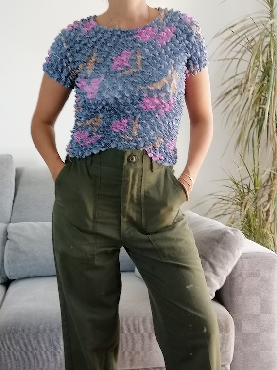 Vintage Popcorn Shirt in Blue, Pink and Beige / 90's Bubble Vintage Popcorn Shirt in Blue, Pink and Beige / 90's Bubble