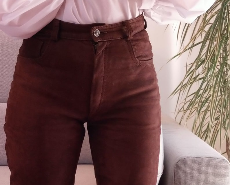 Vintage 100% leather brown pants / 90's high rise chocolate brown suede trousers image 6