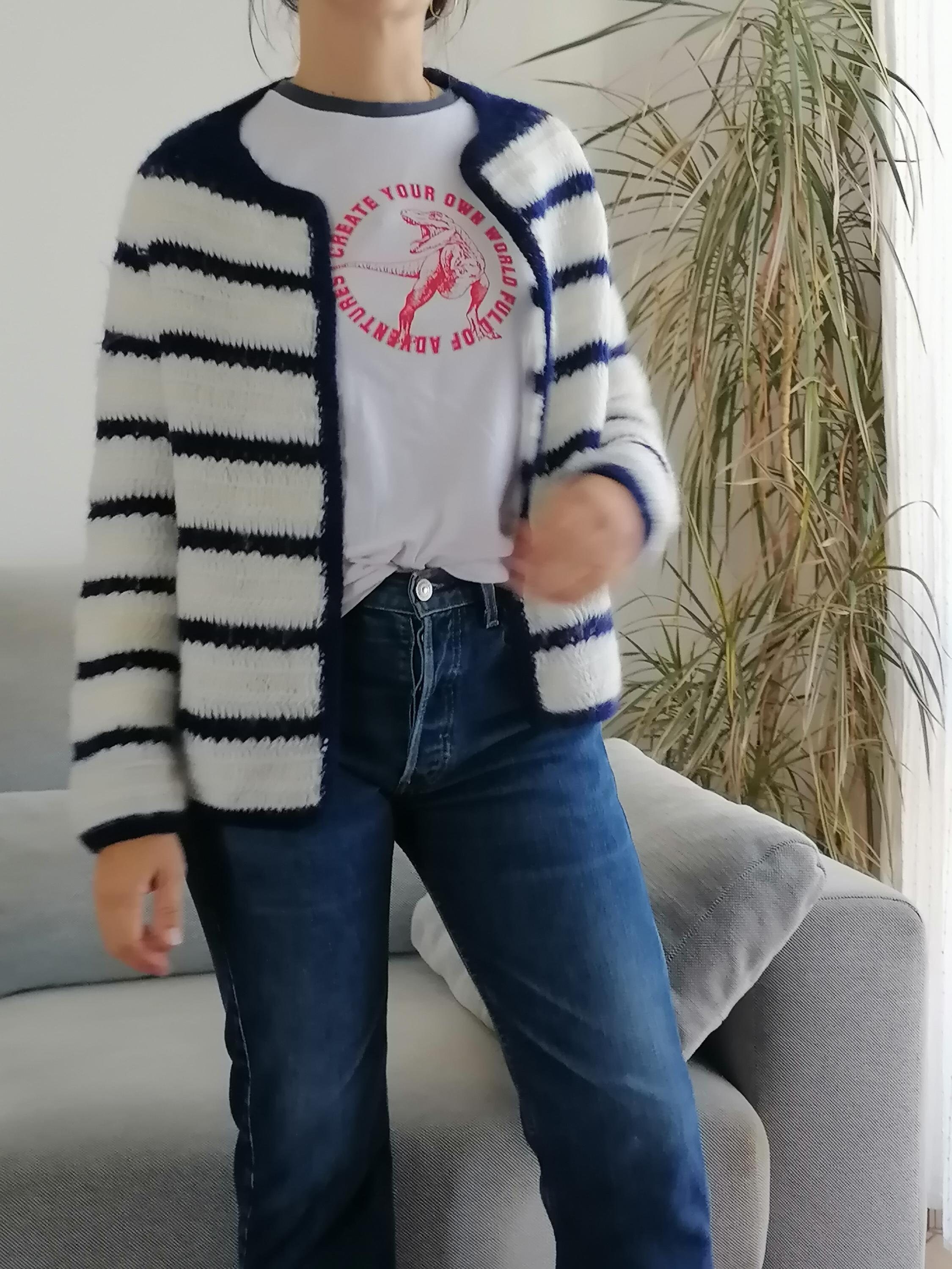 Vintage Navy Blue and White Striped Cardigan / 70's Knit Granny