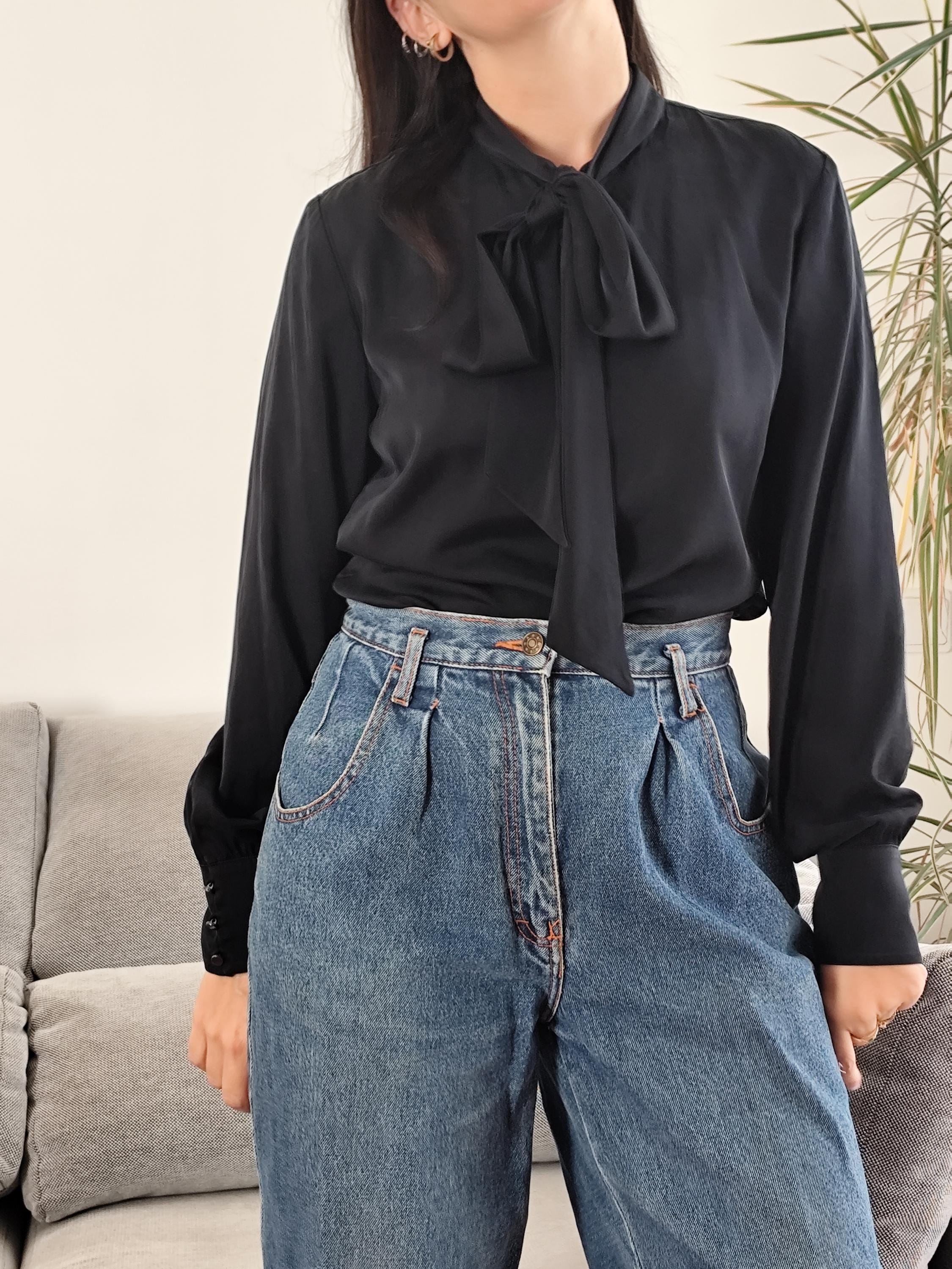 トップス Bibiy. KITTY RIBBON BLOUSE BLACK Vintage Silk Black Pussy Cat Bow Blouse / 90's Black Shirt Bow Tie