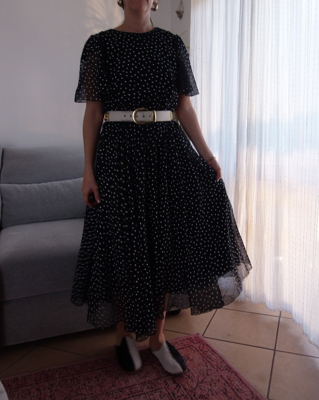 Vintage Luisa Cerano Dress| 90s Sleeveless Polka Dottted Midi Womens Dress