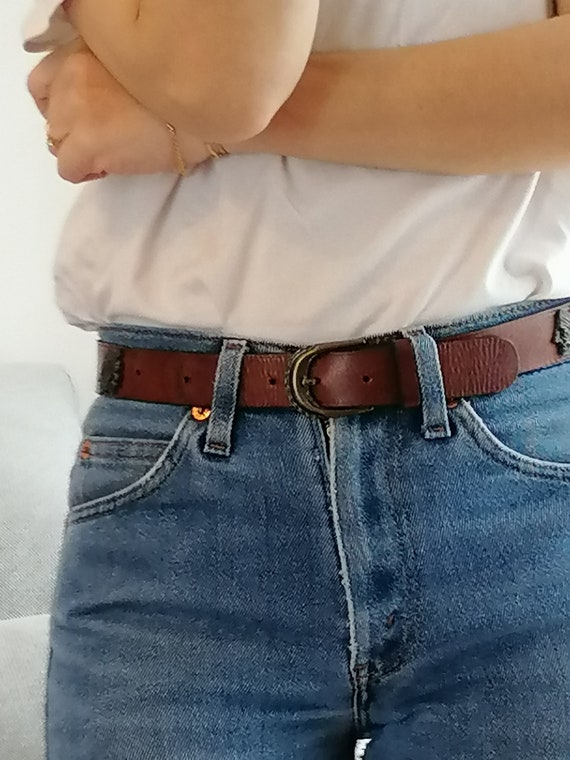 Vintage 100% Leather Brown Belt / 80's Belt With Metal Vintage 100% Leather Brown Belt / 80's Belt With Metal