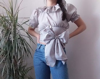 Handmade gingham ruffle top / puffy sleeves ruffle collar check print shirt / Oversize big bow open back blouse in blue orange and white