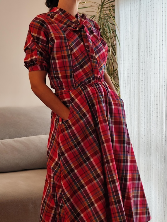 Vintage pink plaid dress with pockets / 90's bias cut midi check puffy sleeves dress