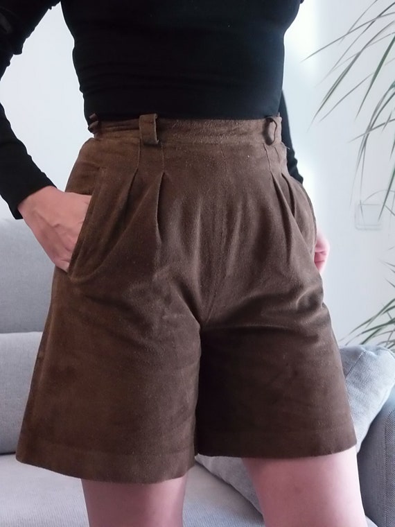 Vintage 100% Leather Brown Shorts / 80's Real Suede Brown Long