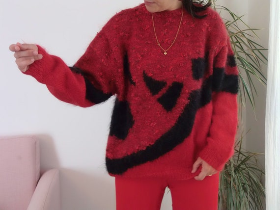 Vintage Handmade Mohair Thick Knit Sweater / 80's Mohair Red Vintage Handmade Mohair Thick Knit Sweater / 80's Mohair Red