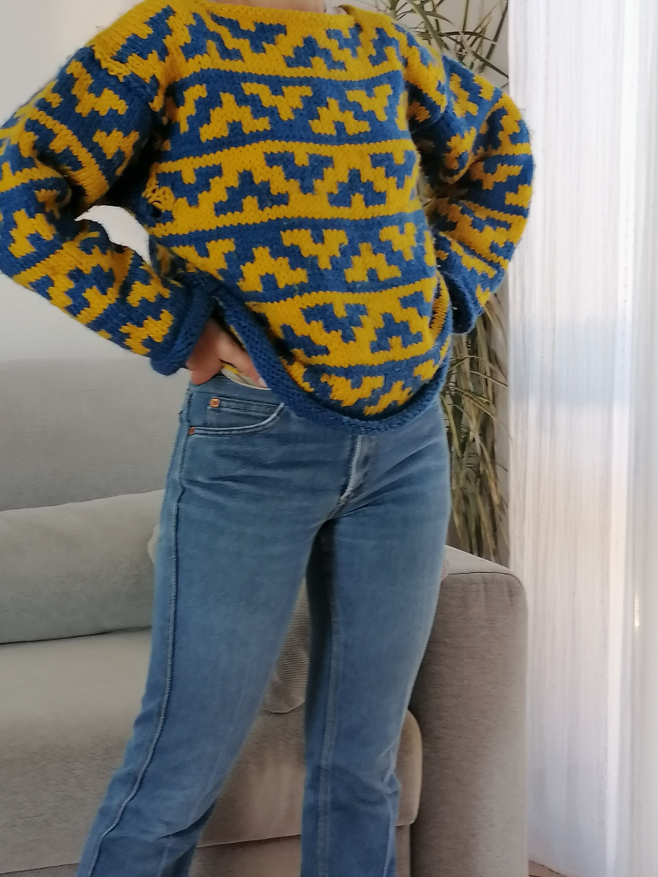 Vintage Wool Handmade Sweater / 90's Geometric Print Blue Vintage Wool Handmade Sweater / 90's Geometric Print Blue
