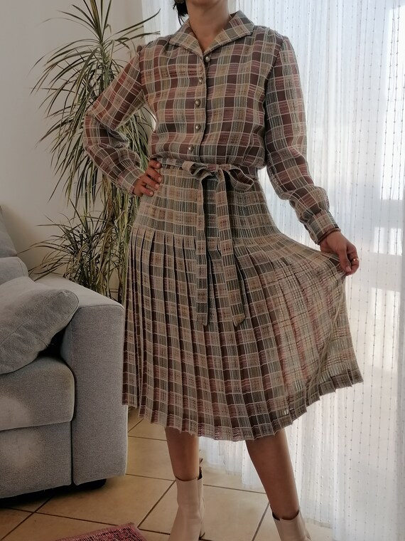 Buy Vintage Long Sleeve Pleated Midi Dress / 80's Plaid Green and Orange Shirt  Dress Online in India - Etsy