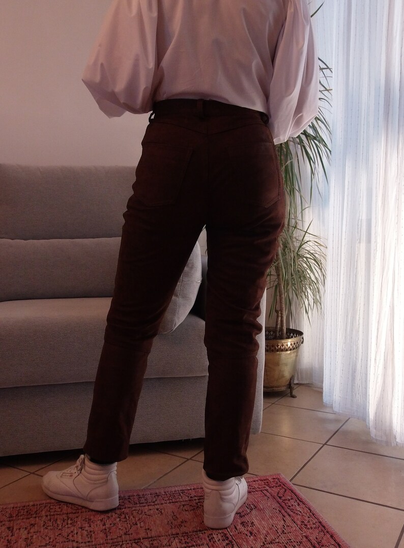 Vintage 100% leather brown pants / 90's high rise chocolate brown suede trousers image 9