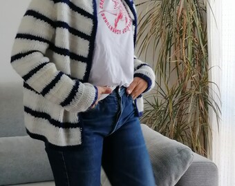 Cardigan Rayé Nautique Vintage Bleu Marine Et Blanc - Marque Whistles, Taille 8-10, En Coton Mélangé - Occasion Très Bon état