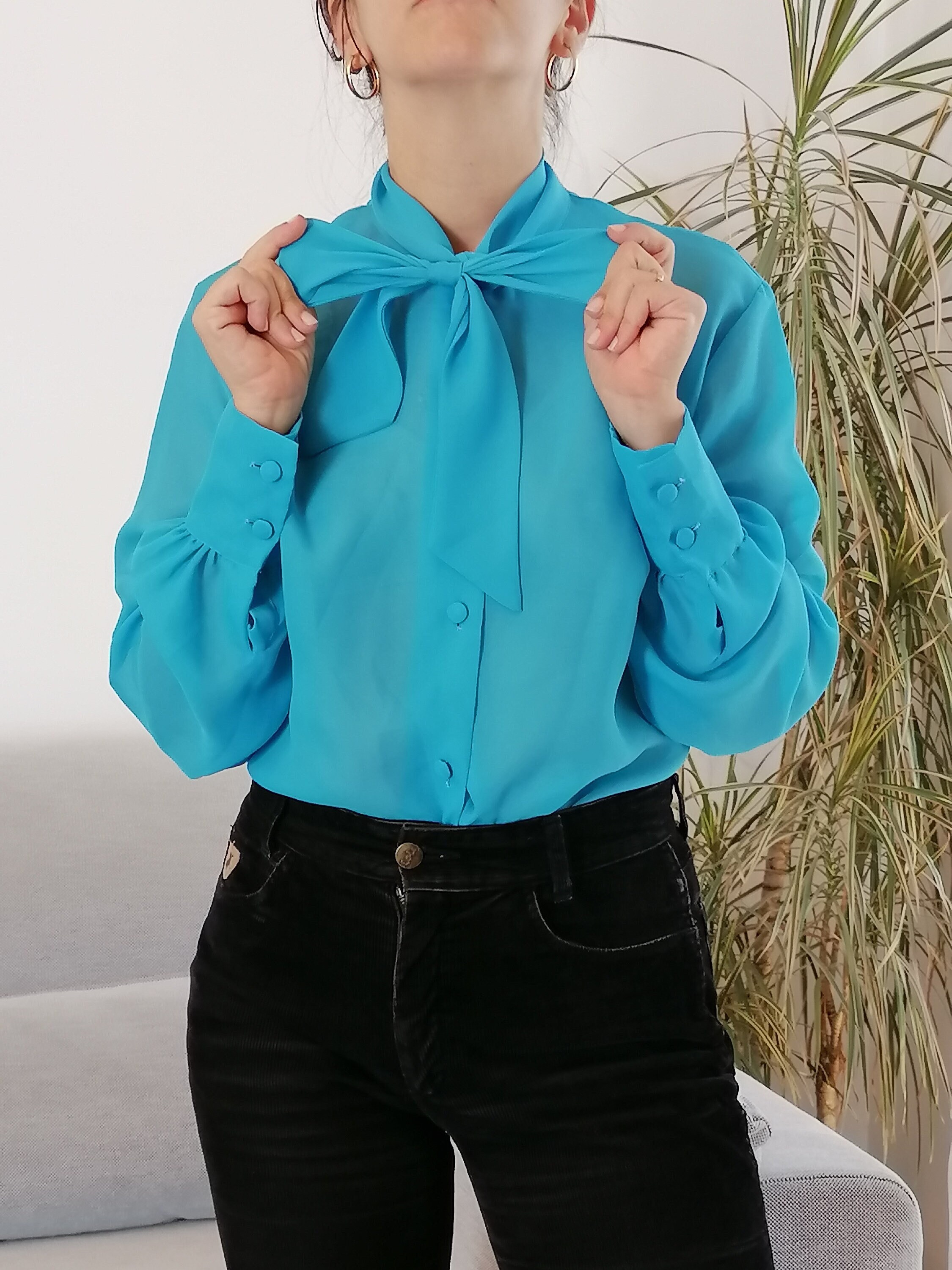 Vintage Turquoise Sheer Pussy Cat Blouse 80's Bow Tie Blue Shirt