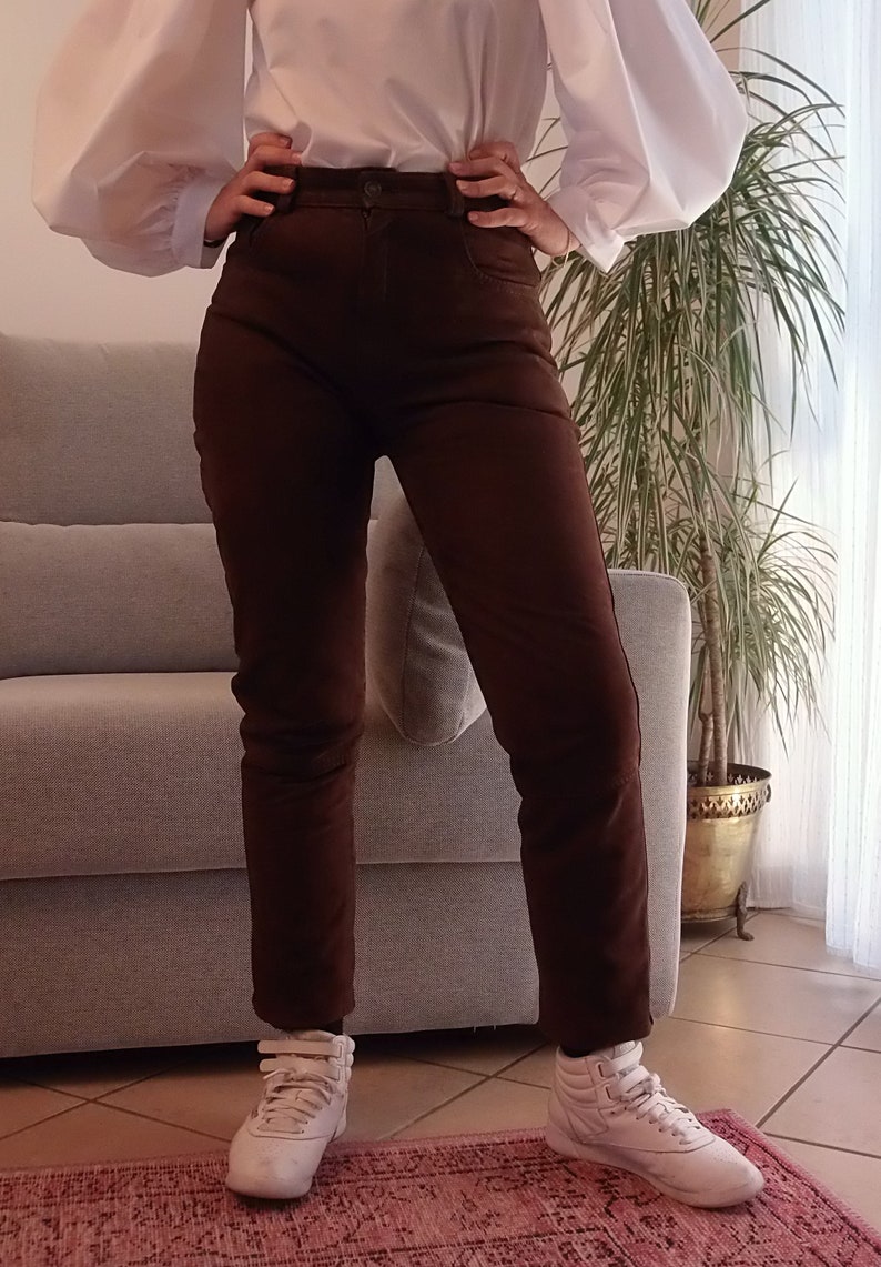 Vintage 100% leather brown pants / 90's high rise chocolate brown suede trousers image 3