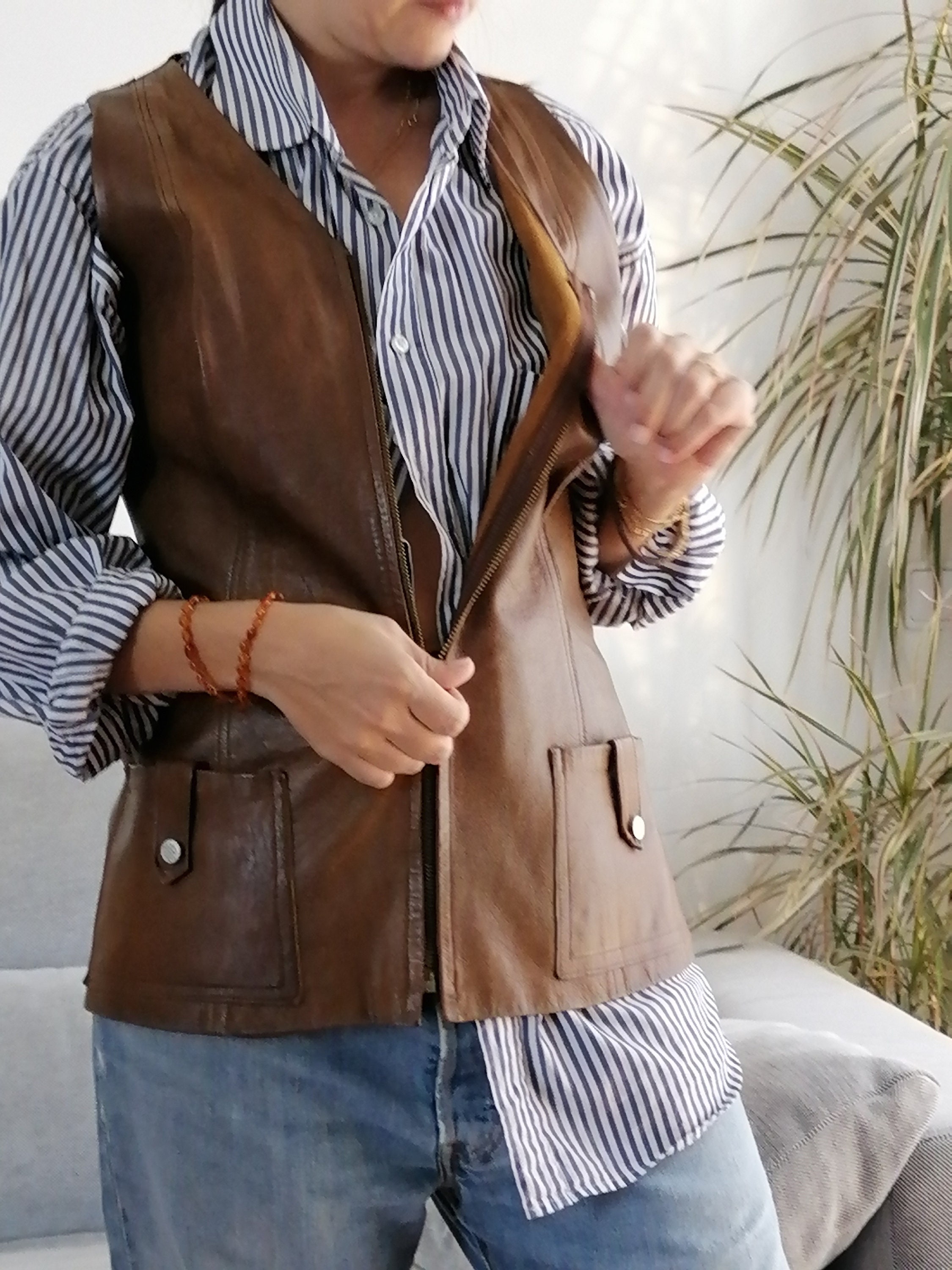 Vintage Leather Brown Vest / 70's Corset Zip Vest by the Brand