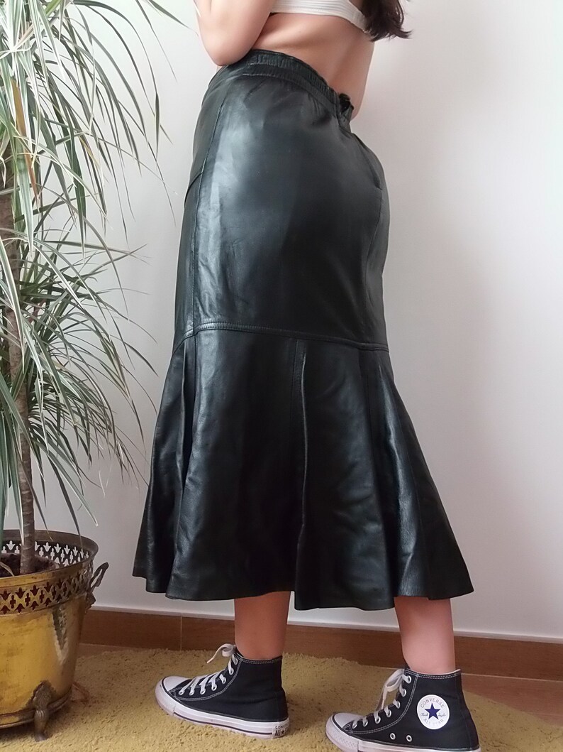 Vintage Black Leather Skirt / 80's Leather Midi Skirt / High Waist Real