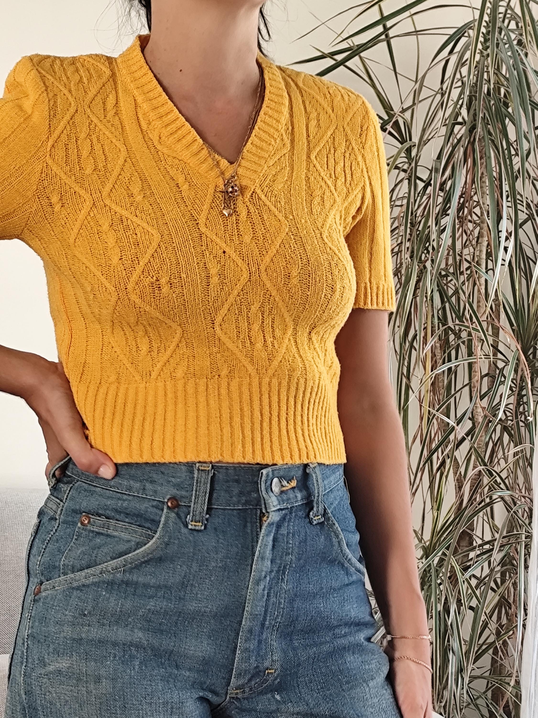 Vintage Yellow Knit Crop Top: 80s Short Sleeve Sweater - Etsy