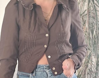 Vintage chocolate brown frills shirt blouse / 70's crop top with ruffles