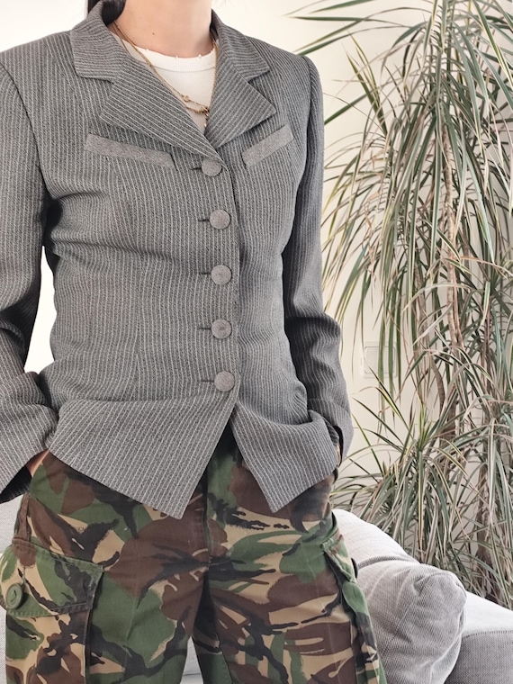 Vintage Equestrian Style Striped Blazer 90's TEEN FLO Gray