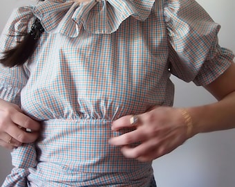 Handmade Gingham Ruffle Top / Puffy Sleeves Ruffle Collar