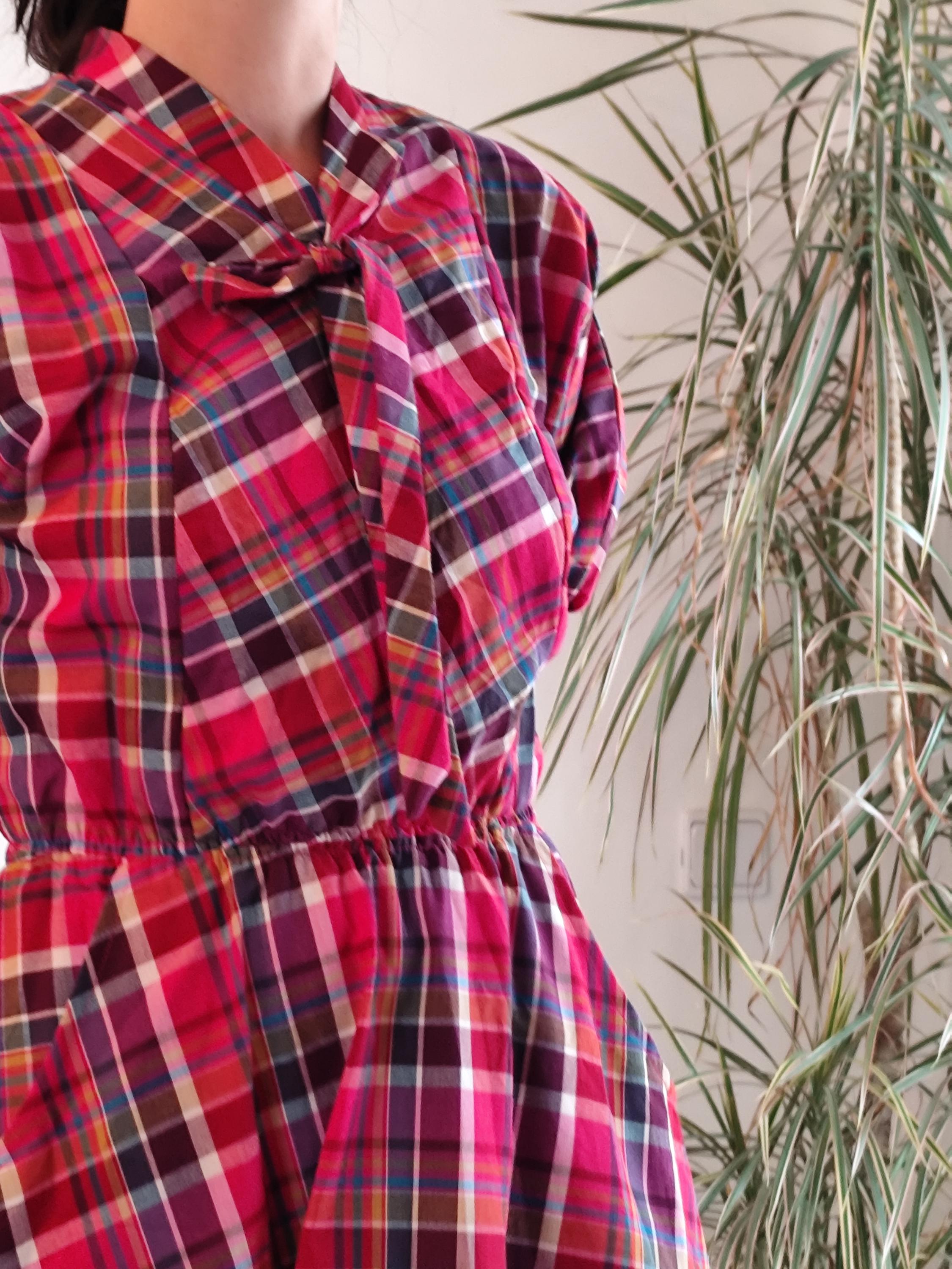 Vintage pink plaid dress with pockets / 90's bias cut midi check puffy sleeves dress