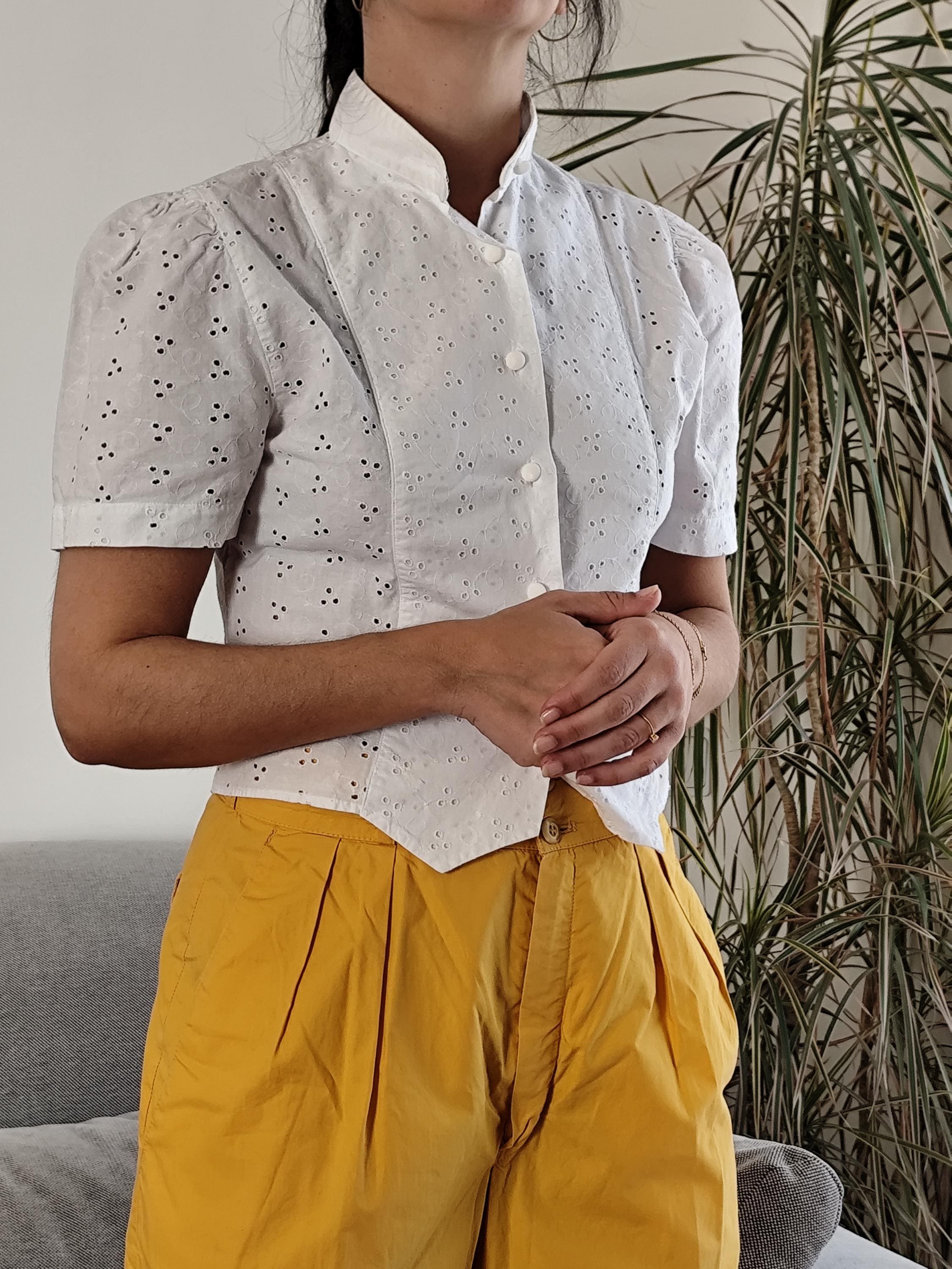 Vintage ALAIN MANOUKIAN Eyelet White Crop Top / 80's 100% Cotton