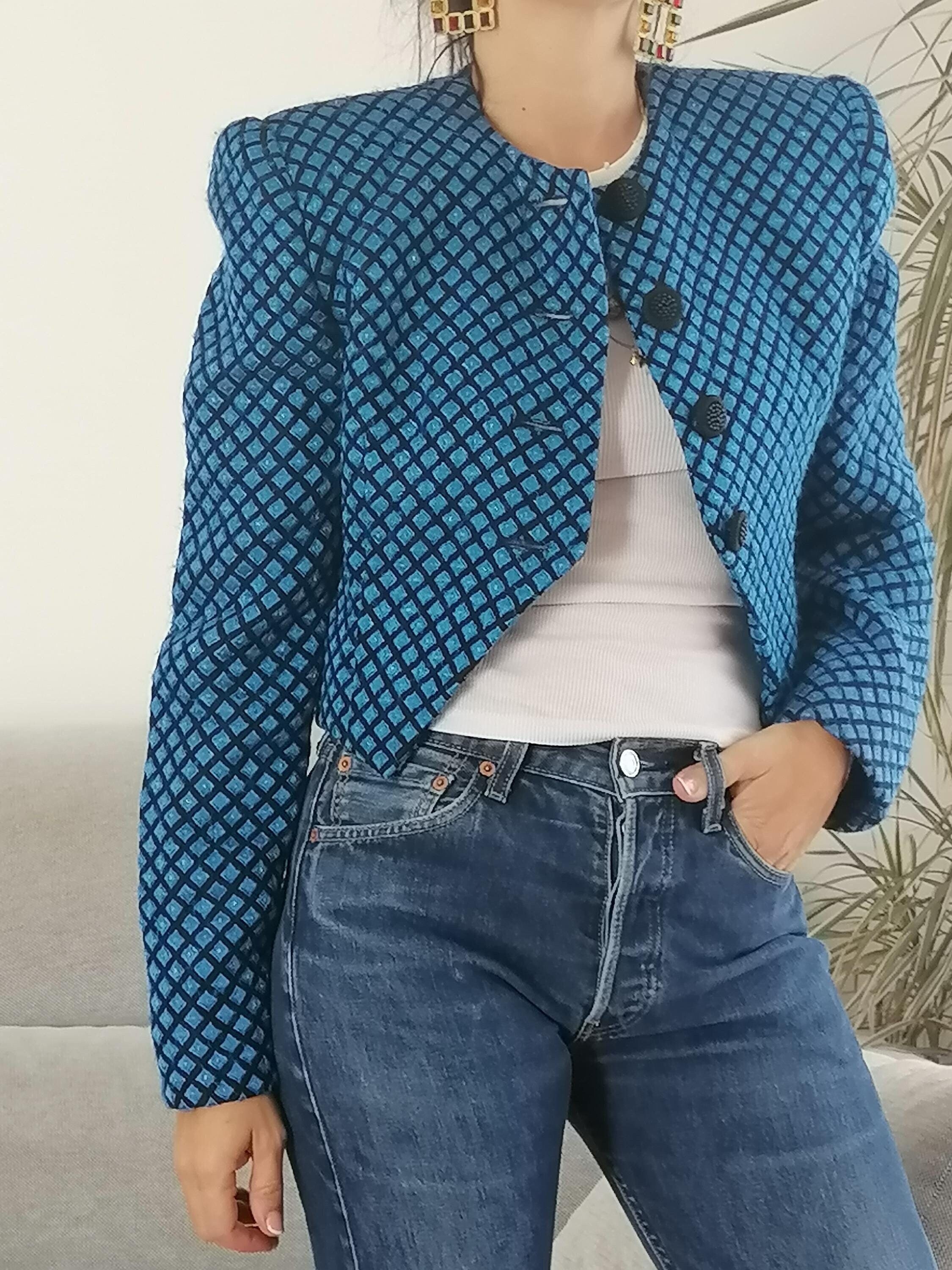 Vintage wool cropped black and blue jacket / 90's big shoulder pads turquoise short blazer coat