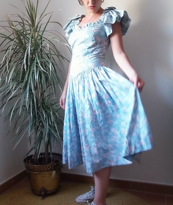 Vintage floral prairie dress / Vintage blue midi … - image 2