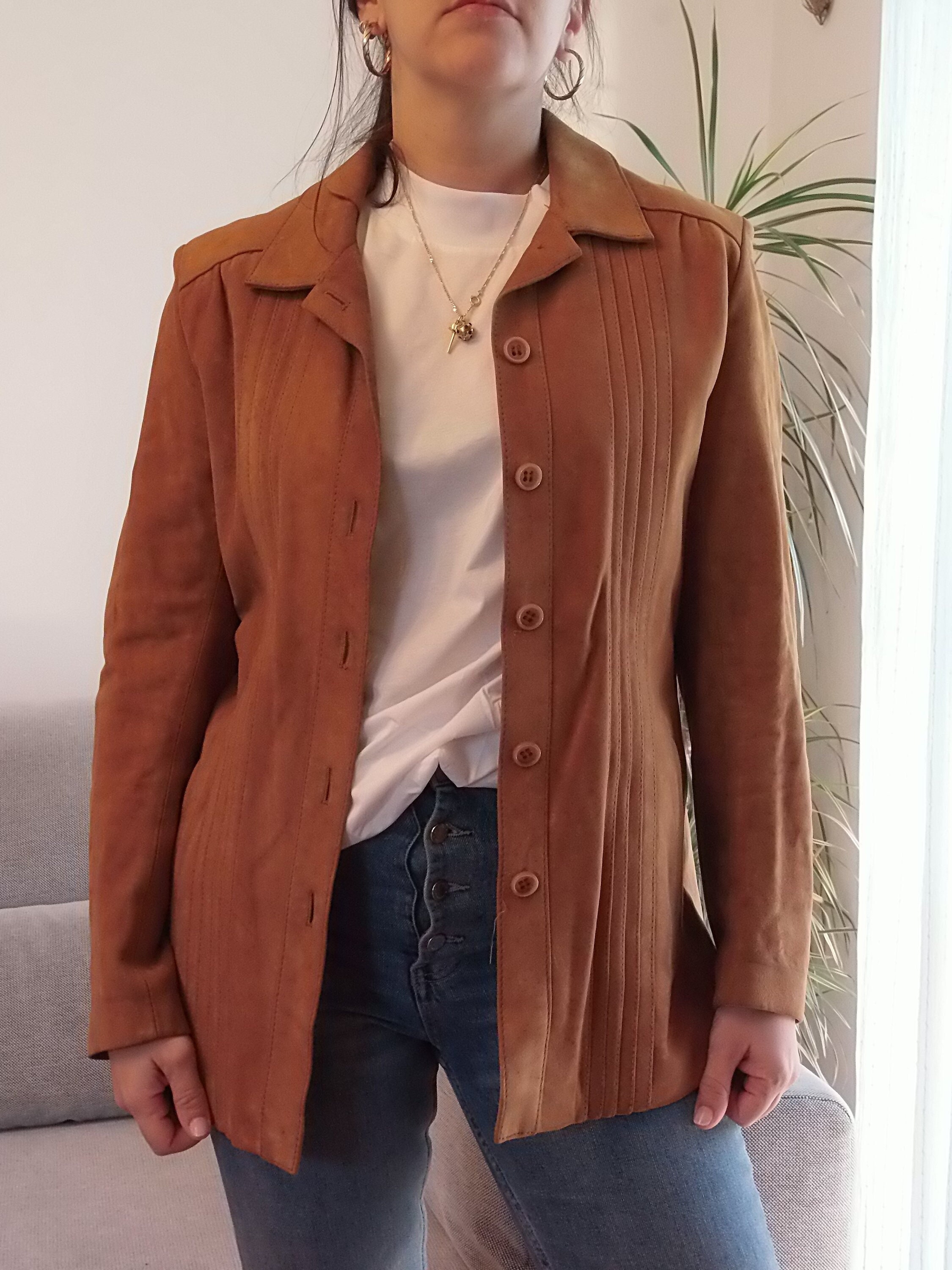 Vintage suede leather camel jacket / 90's caramel brown leather shirt coat
