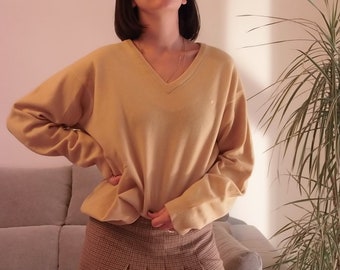 Vintage BURBERRY yellow pullover sweater / 90's Burberrys V-neck knit sweater