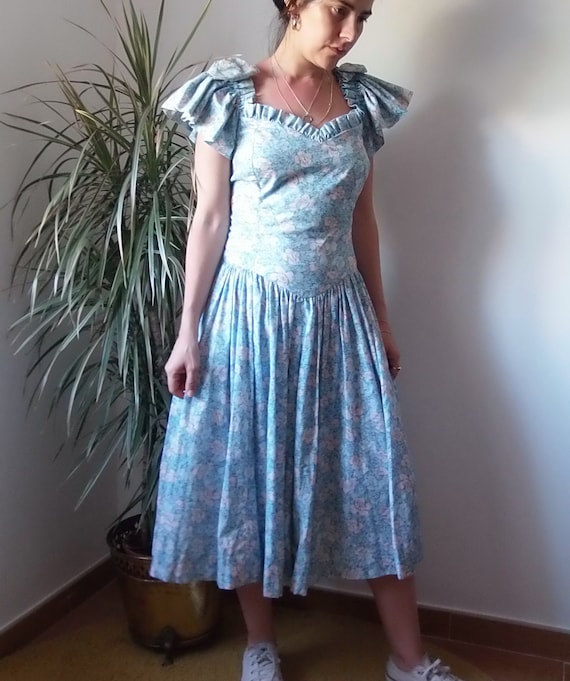 Vintage floral prairie dress / Vintage blue midi p