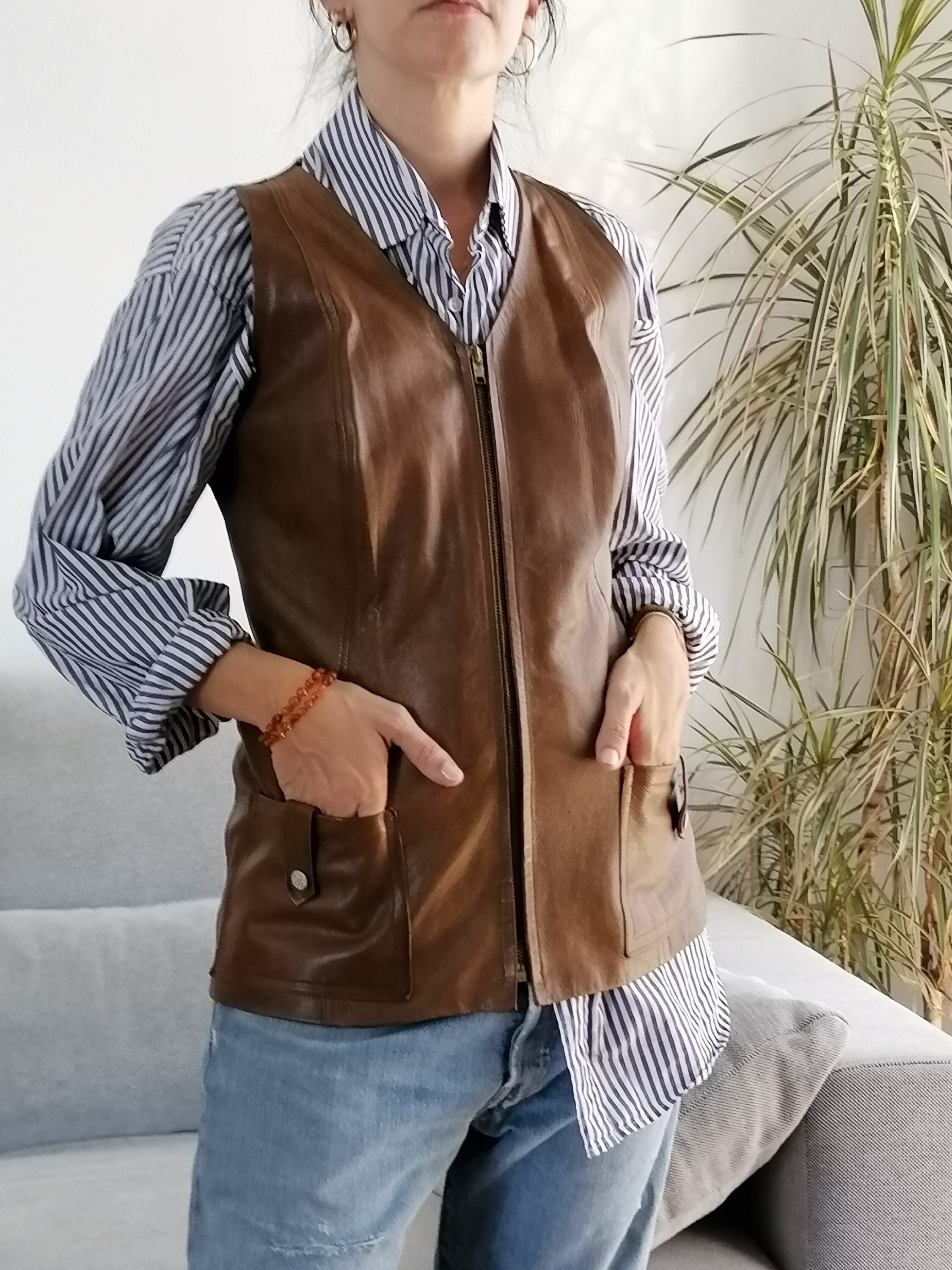 Vintage Leather Brown Vest / 70's Corset Zip Vest by the Vintage Leather Brown Vest / 70's Corset Zip Vest by the