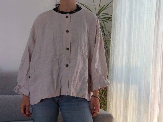 Vintage linen oversize jacket blouse / 90's beige… - image 6