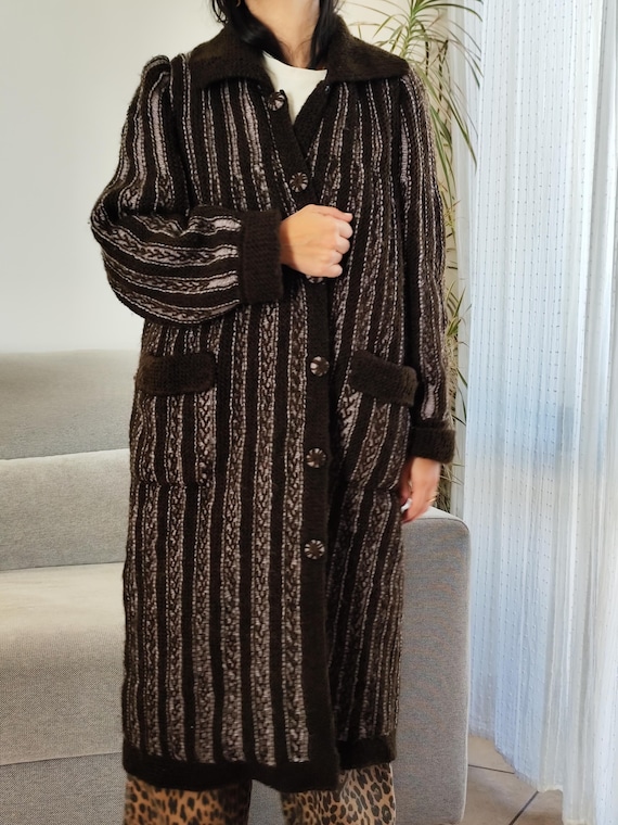 Vintage Knit Long Coat Vintage Handmade Knit Long Coat With Lining 80's Chocolate Brown Maxi  Cardigan Sweater Jacket