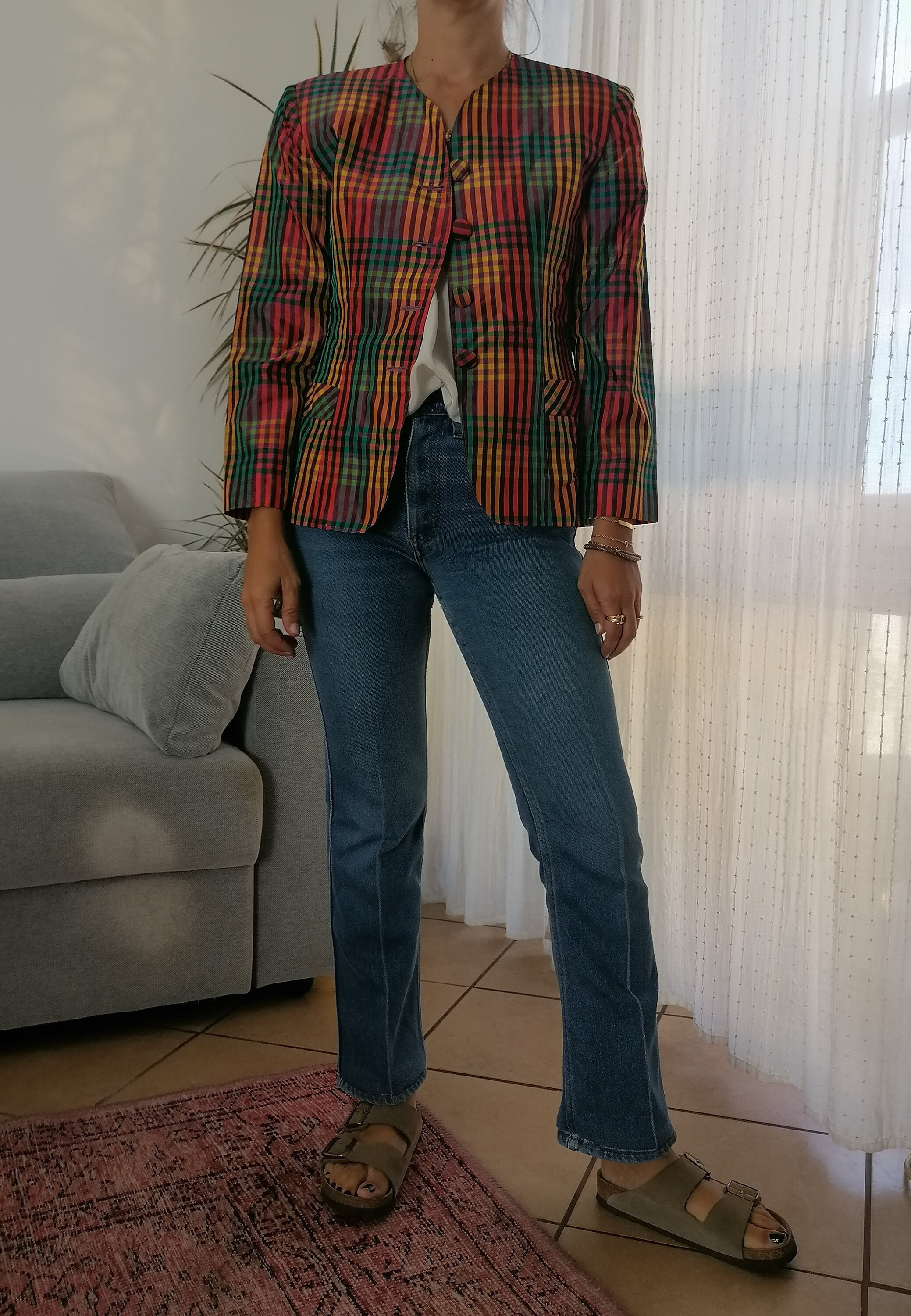 Vintage Check Colorful Pink Yellow Green Rainbow Blazer / 80