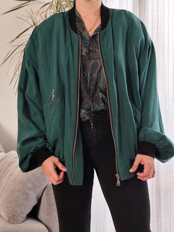 Vintage 100% Silk Forest Green Bomber / 80's Green Silk
