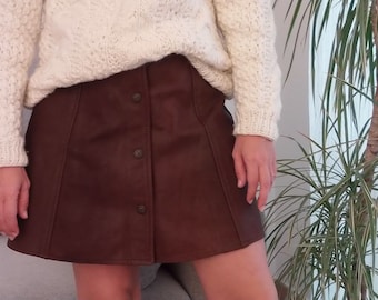Vintage 100% leather mini skirt / 70&#39;s brown leather snap button micro mini skirt
