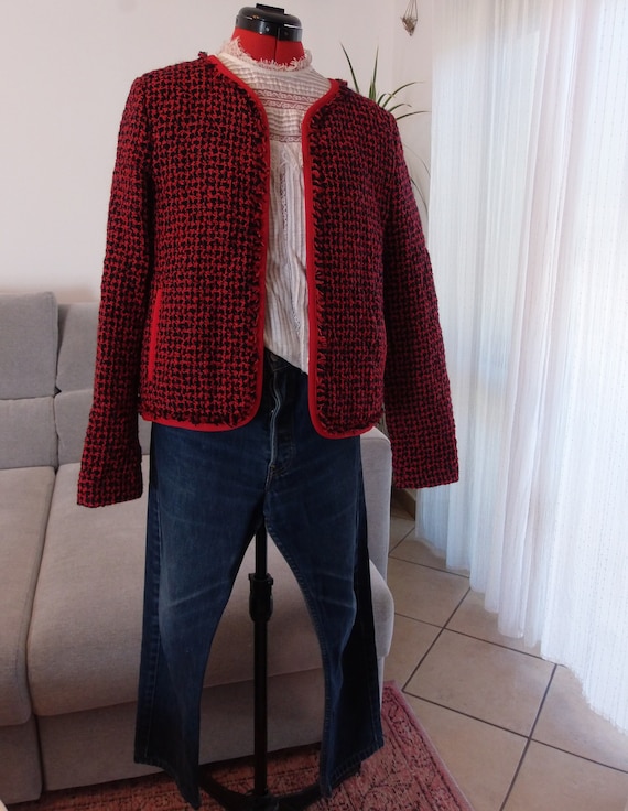 Vintage ESCADA Navy and Red Quilted Wool Tweed Coat 00 s Escada