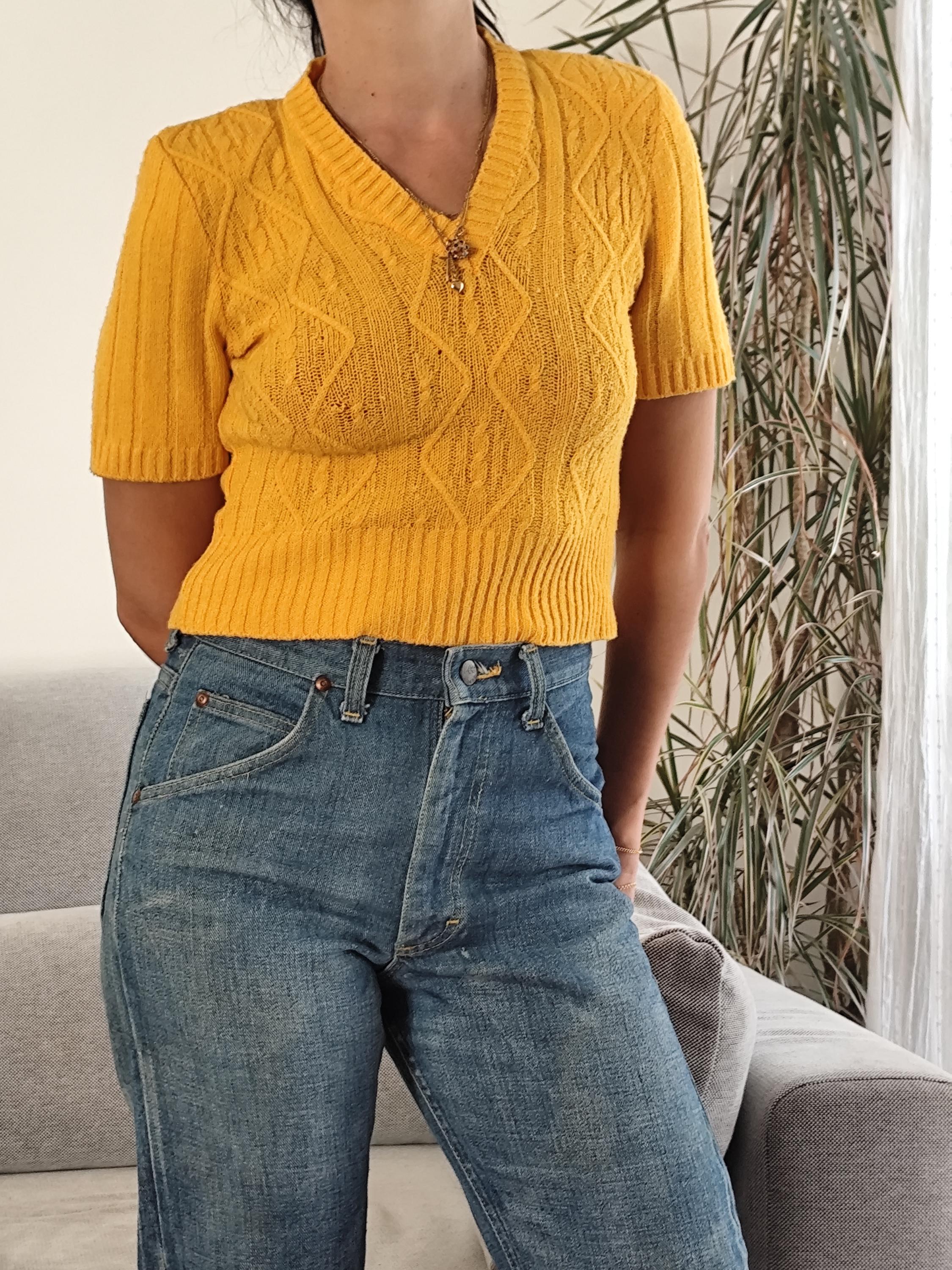 Vintage Yellow Knit Crop Top: 80s Short Sleeve Sweater - Etsy