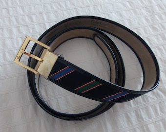 Vintage Guy Laroche leather and viscose fabric belt / 90's navy blue striped waist belt size L