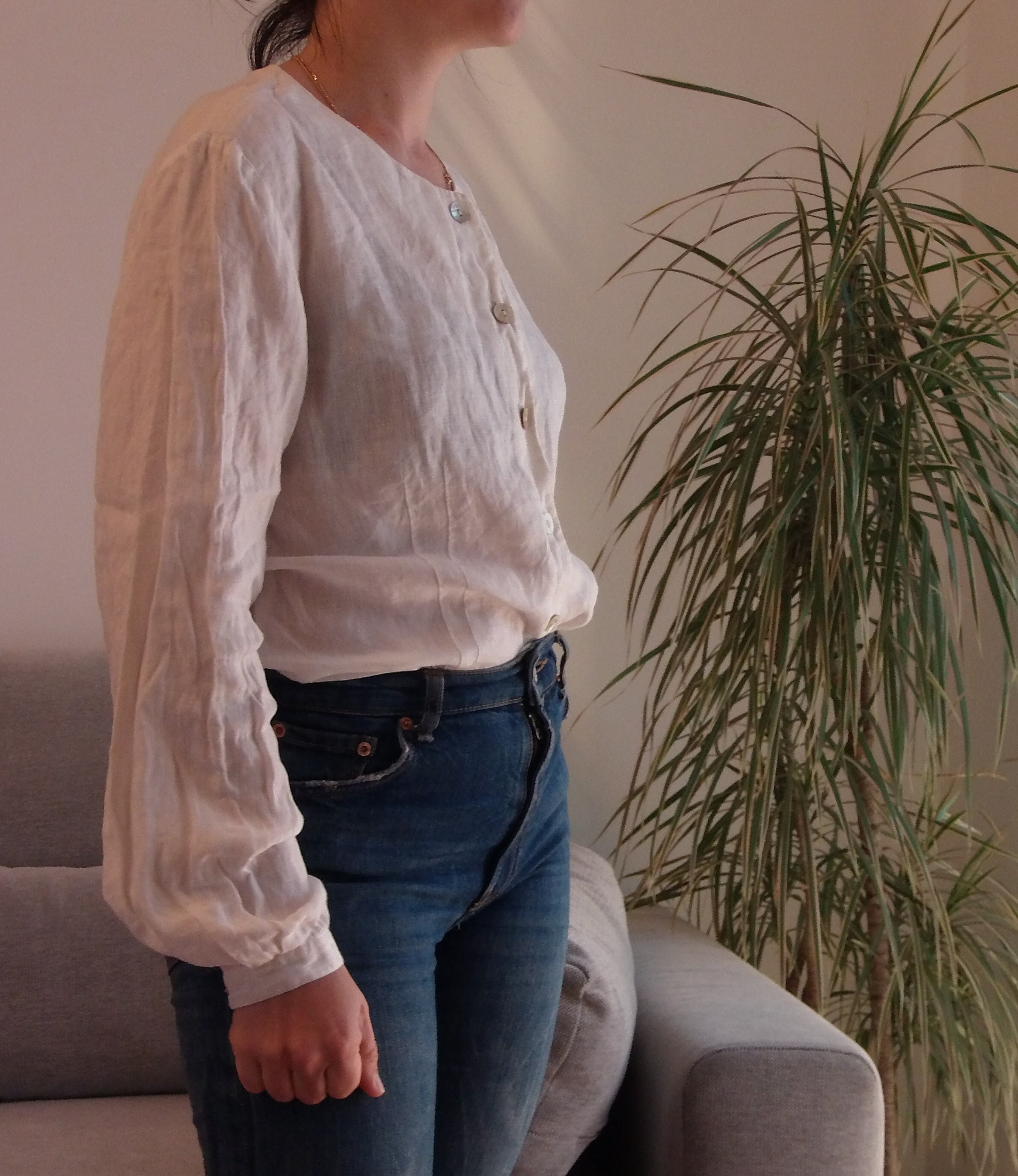 Vintage 100% Linen White Blouse / 90's 
