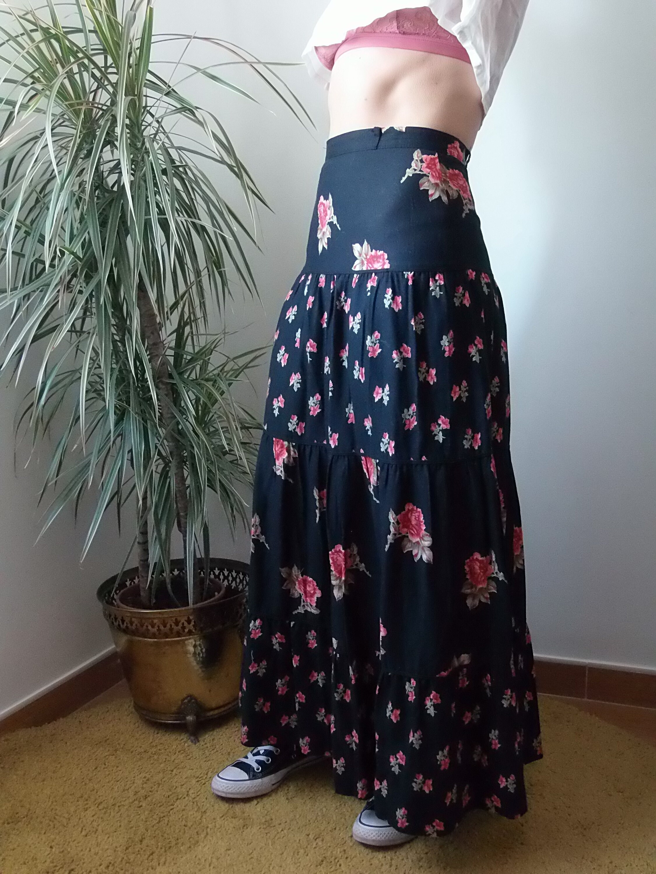 Vintage 70s Betty Barclay Maxi Skirt: Black Floral Print, Cotton 