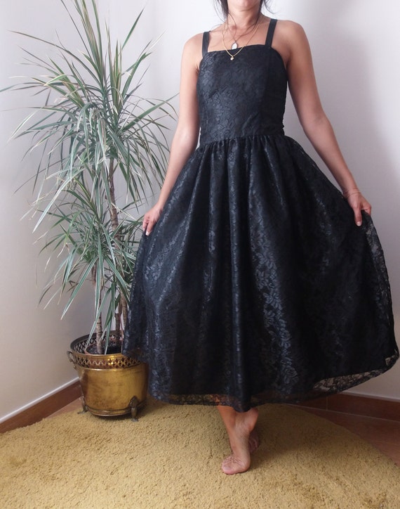 80's black lace midi dress / midi prom black dres… - image 6