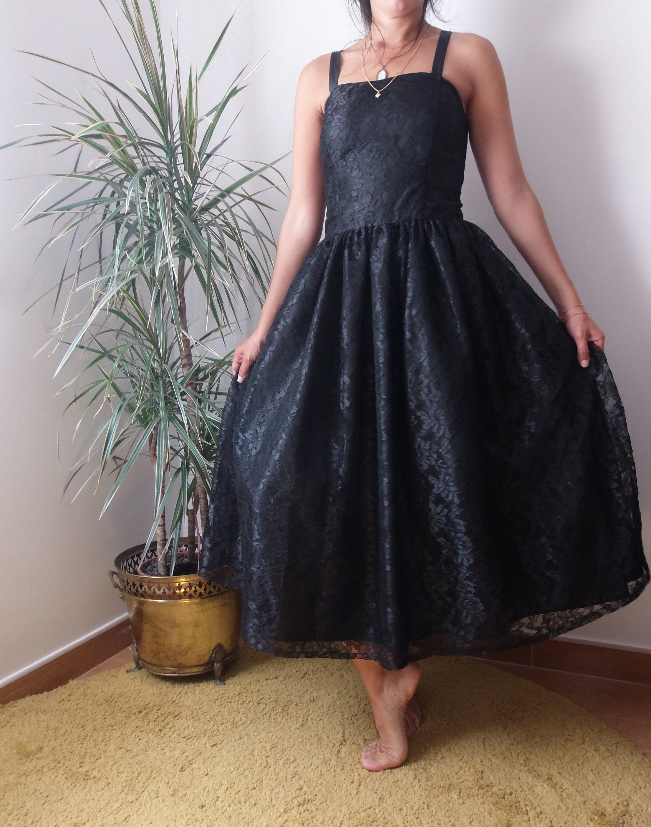 black bell sleeve mini dress Lace Bell-Sleeve Color:Navy Blue Patchwork Pin by ERICKA ESS