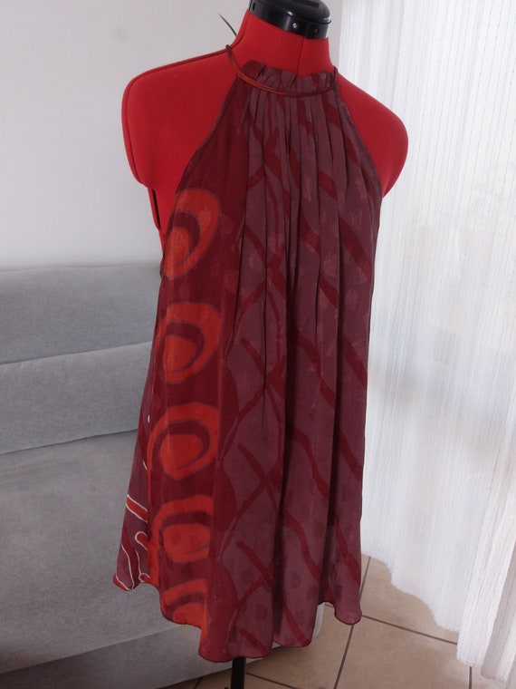 Vintage silk summer Indian dress / 00's deep red … - image 9