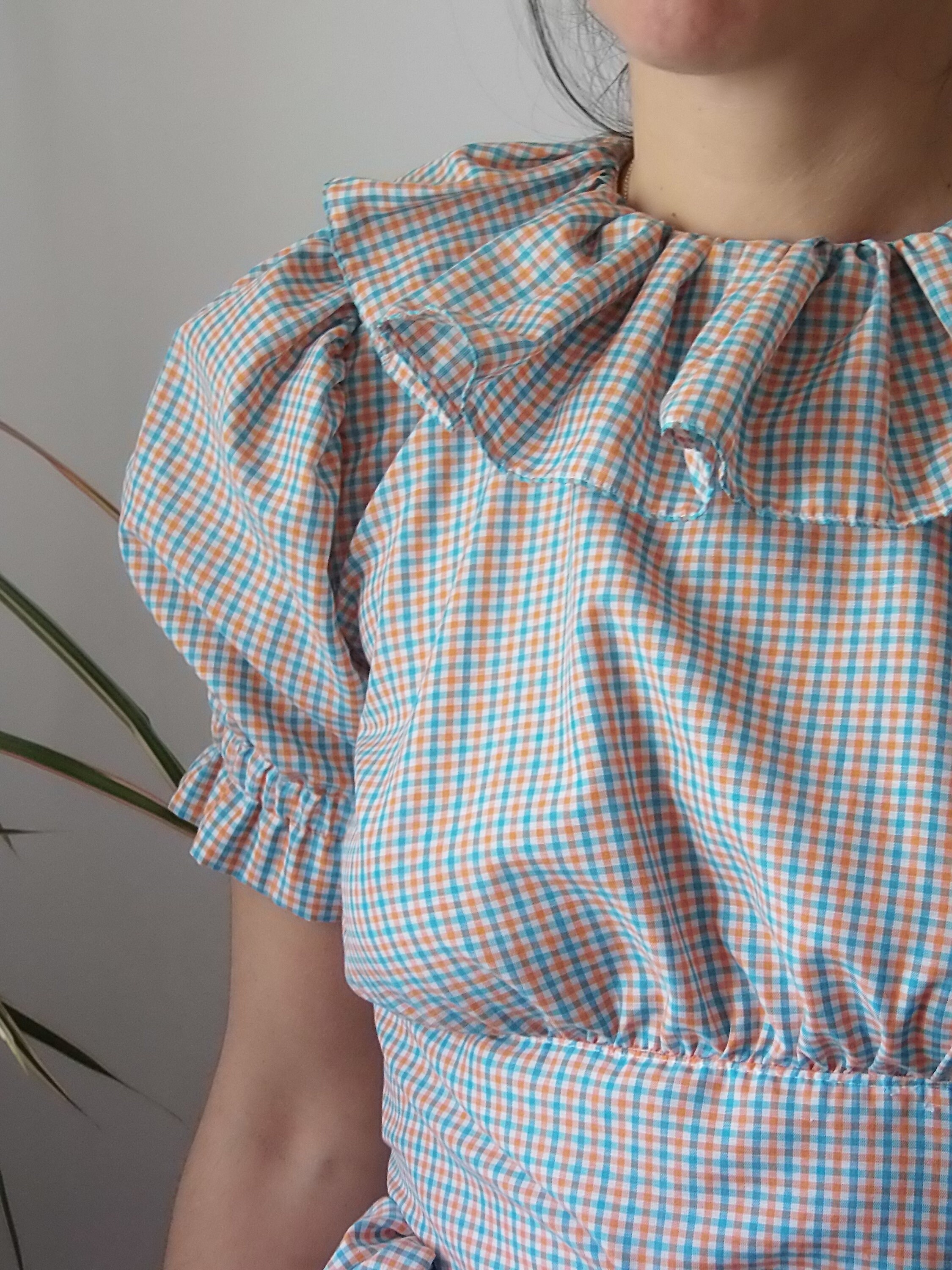 トップス TODAYFUL Ginghamcheck Puff Blouse Women Gingham Tie Front Blouse Plaid V-Neck Puff Short