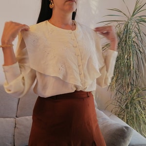 Vintage embroidered sailor collar cream blouse / 80&#39;s oversize collar embroidery button up shirt by Daniel Duval